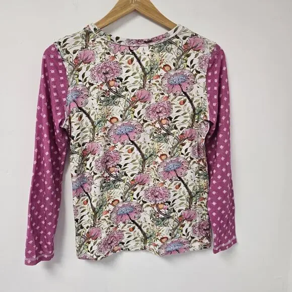 Cino Top Size M Floral Patchwork Boho Long Sleeve Shirt Pink Garden Preppy Women - Picture 3 of 8